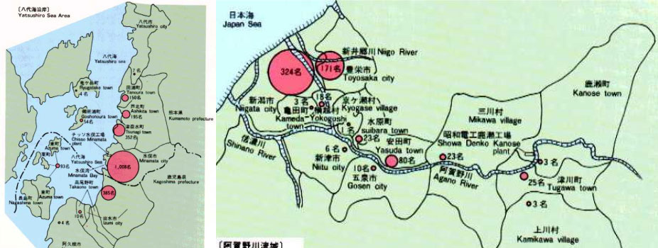 Sơ đồ phân bố số lượng bệnh nhân nhiễm bệnh Minamata.
